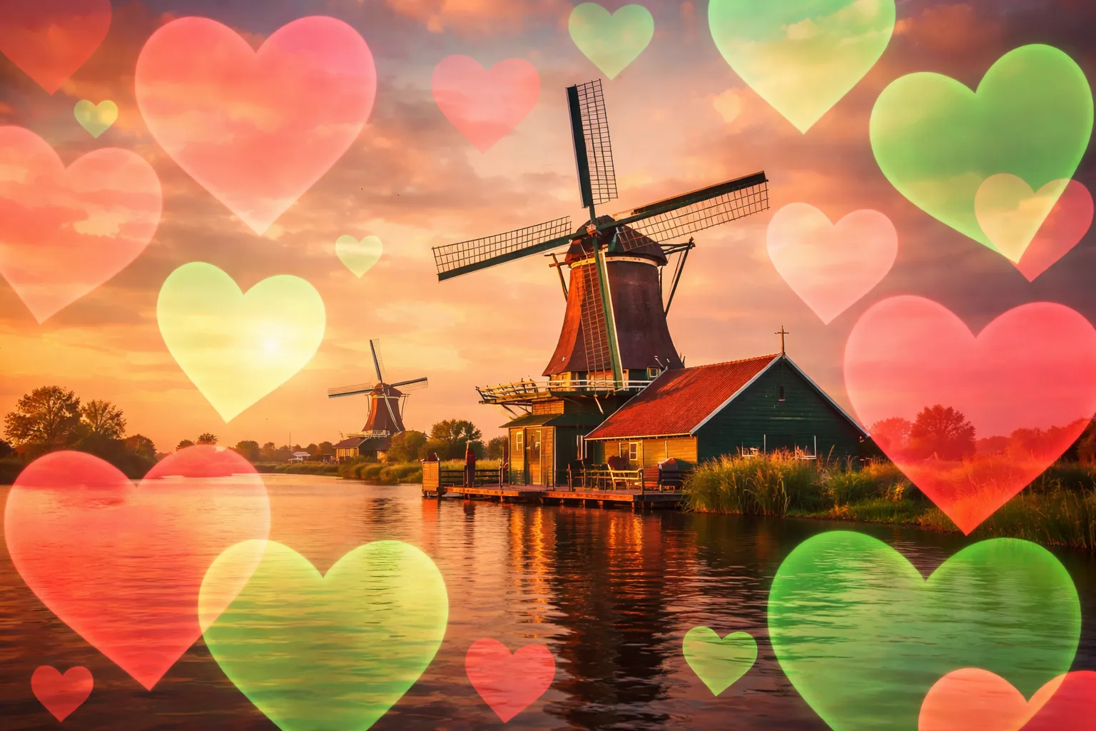 Windmolen en harten bij zonsondergang