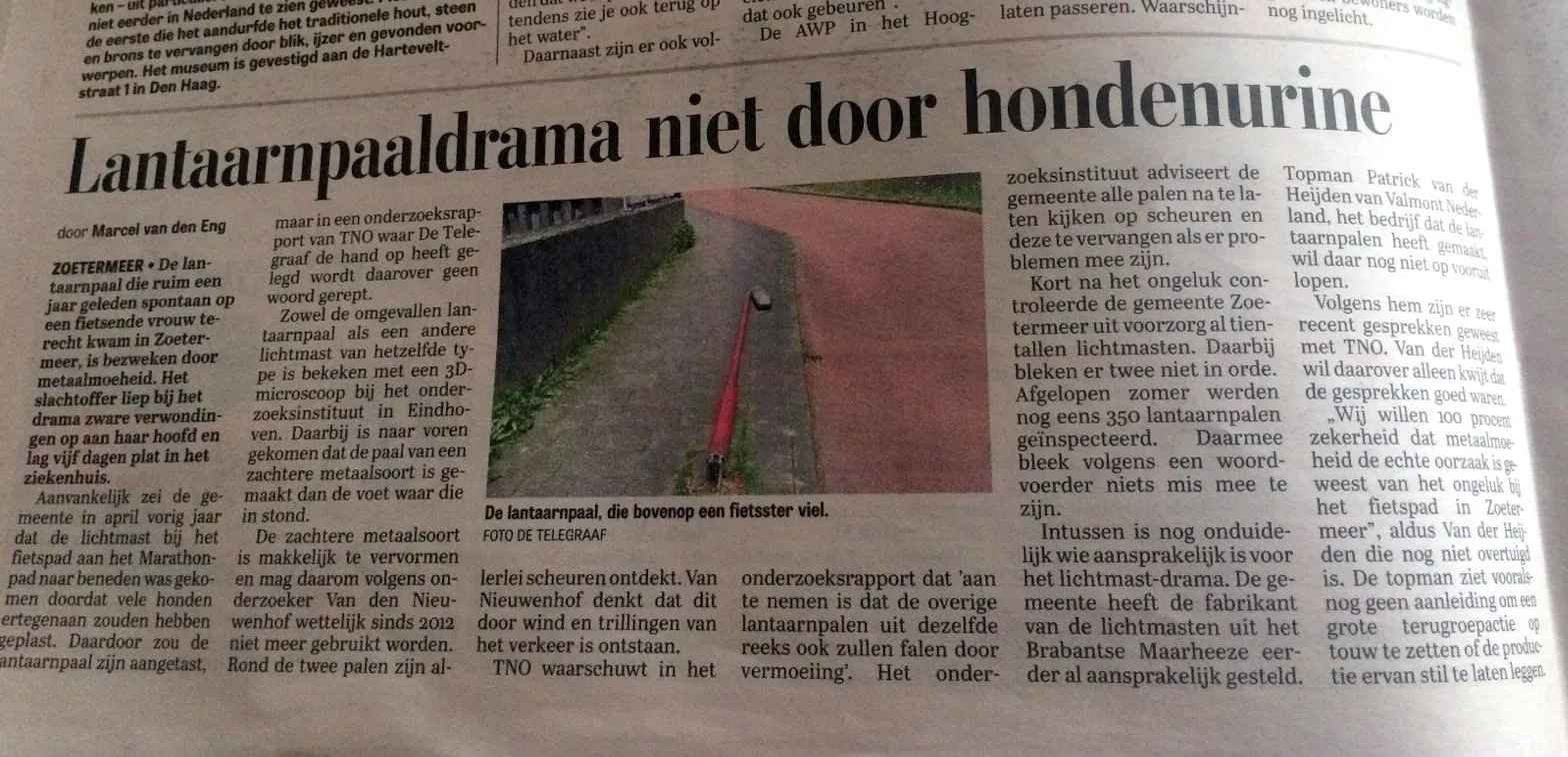 2016 11 03 artikel lantaarnpaaldrama niet door hondenurine de teleg