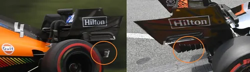 De achtervleugel van de McLaren-bolide, links tijdens de GP van Oostenrijk, rechts in Monaco. (Foto's: McLaren F1 Media)