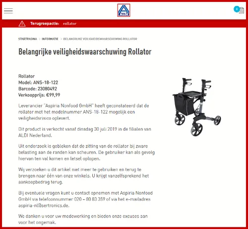 recall aldi aspiria rollator