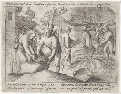 Prent waarop de graanmaat in gebruik te zien is (linksvoor). Foto van prent: Rijksmuseum