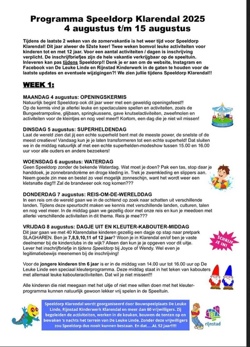 Speeldorp Klarendal 2025.programma week 1