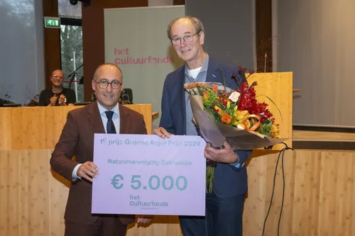 Joop Verburg, oud-voorzitter van de Natuurvereniging Zuidwolde, ontvangt de cheque van Anno Wietze Hiemstra.