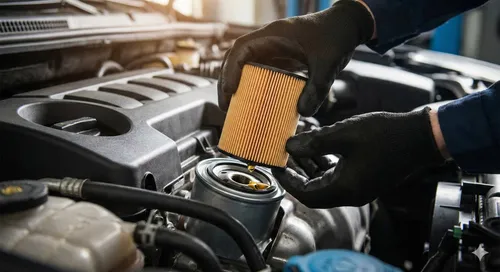 Dettaglio delle mani di un meccanico con guanti che sostituisce il filtro dell'olio nel motore durante un tagliando auto