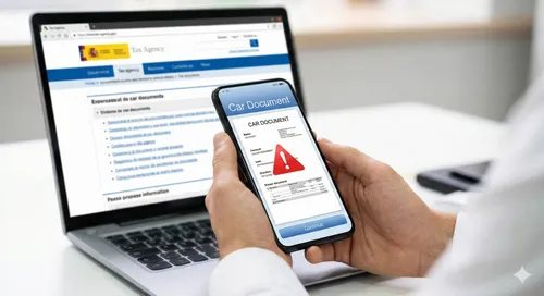 Utente che controlla lo stato del fermo amministrativo tramite app su smartphone con un alert rosso, e sito dell'agenzia delle entrate su laptop