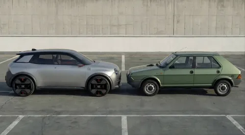 Confronto del profilo laterale tra il nuovo concept digitale della Fiat Ritmo color argento (a sinistra) e l'iconico modello storico originale verde degli anni '70 (a destra)