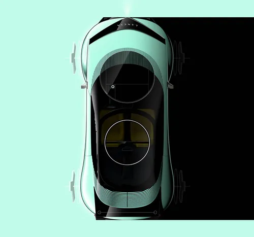 Render con vista aerea della Lancia Pu+Ra HPE in colore Progressive Green. L'immagine evidenzia il caratteristico tetto circolare in vetro, le linee geometriche essenziali e il contrasto tra la carrozzeria
