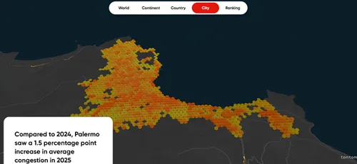 Lo screenshot raffigura il TomTom Traffic Index del 2025 dove si può vedere come Palermo abbia visto un aumento dell'indice di congestione rispetto al 2024
