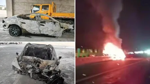 Nell'immagine (divisa in tre) si vede quello che rimane di una Xiaomi SU7 dopo un grave incidente. Sulla sinistra si vedono i resti carbonizzati della macchina, mentre a destra il momento in cui la macchina è in fiamme