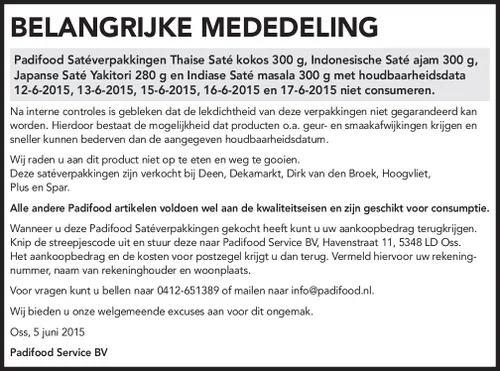 belanrijke veiligheidswaarschuwing padifood satesa