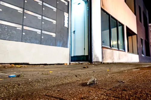 Op de voorgrond een deel van een plastic flesje