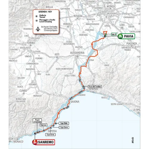 Mapa de la Milán-San Remo 2026
