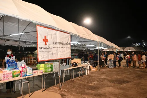 Makeshift accommodations and aid distribution set up at the Buriram racetrack