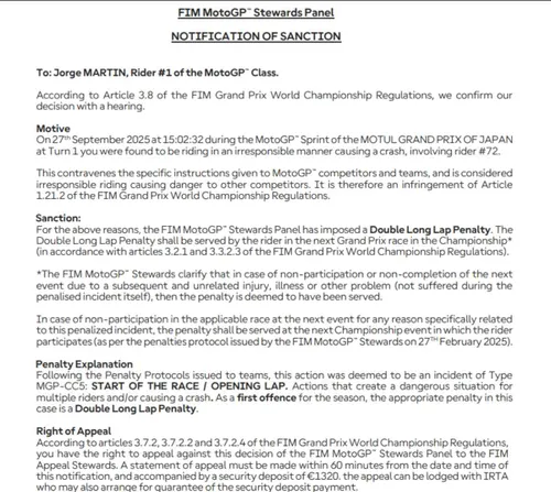 MotoGP Valencia 2025: double long lap penalty for Jorge Martin