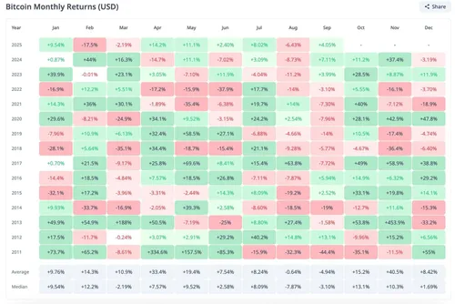 Bitcoin maandelijkse rendementen - Bron: CryptoRank