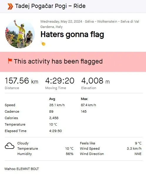 Atividade no Strava de Tadej Pogacar, referente à etapa 17 do Giro d'Italia de 2024