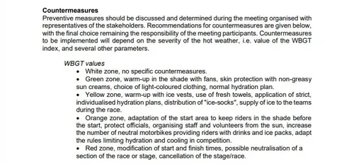 Recommendations provided by the UCI for each WBGT index value. @UCI