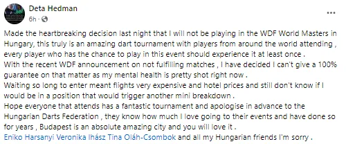 Het bericht dat door Deta Hedman op Facebook werd gezet