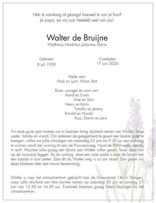 rouwbrief walter de bruijne