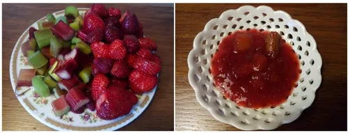 Rabarber met aardbeien en bosaardbeien&nbsp; &nbsp; &nbsp; &nbsp; &nbsp; &nbsp; &nbsp;Rabarber-aardbeienjam