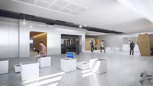 De entree van het gebouw.