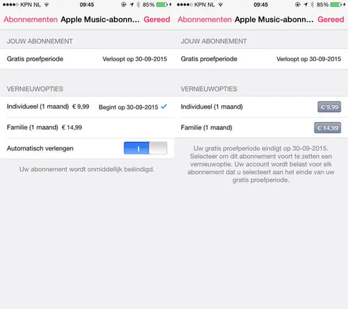 Scherm links is met automatisch verlengen. Rechts krijg je te zien als je dat stopzet.