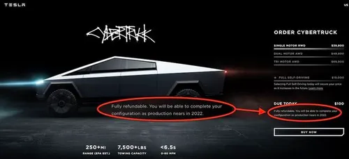 Op de bestelpagina van de Cybertruck staat nu `2022` als productiedatum. (Bron: <a href=\