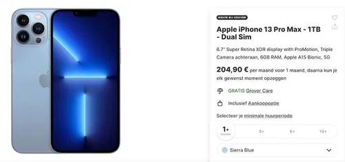 De iPhone 13 Pro Max 1TB: 205 euro, voor 1 maand huur