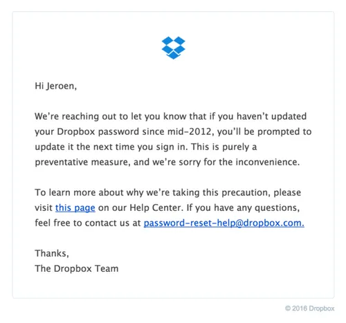 De mail die Dropbox-gebruikers krijgen als hun wachtwoord aangepast is.