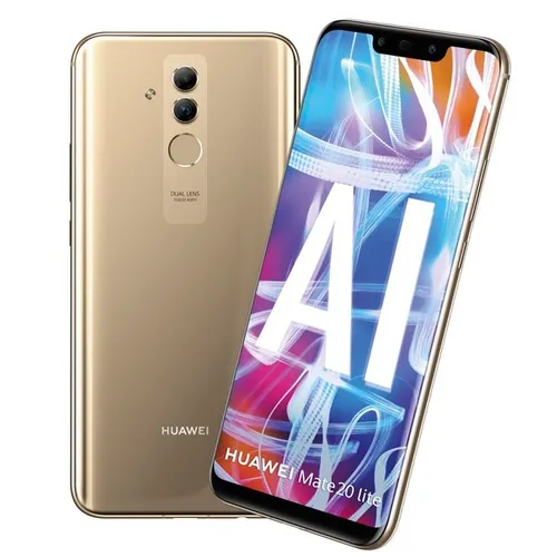 De Mate 20 Lite. Naast deze gouden kleur ook te krijgen in zwart en licht blauw.