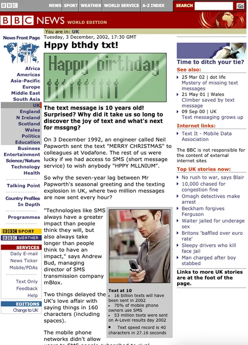 Artikel over tien jaar SMS. (bron: BBC)