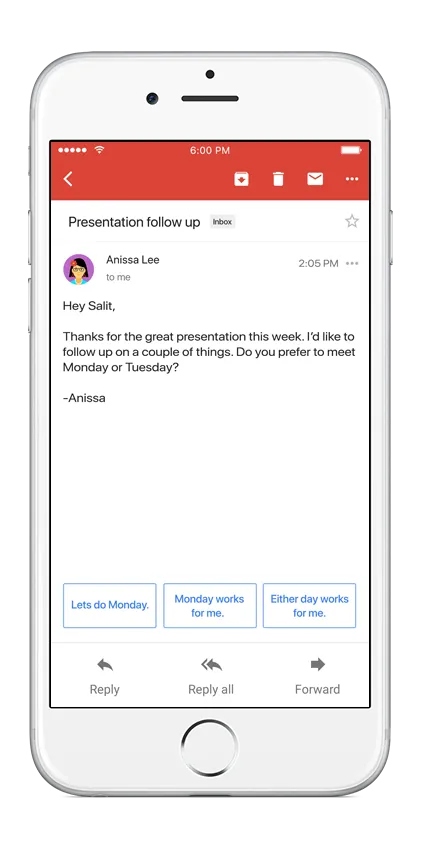 <i>Voorbeeld van Smart Reply voor Gmail.</i>