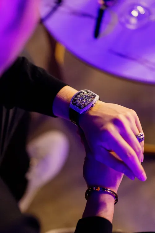 franckmullervanguardslimskeleton timepieceonwrist