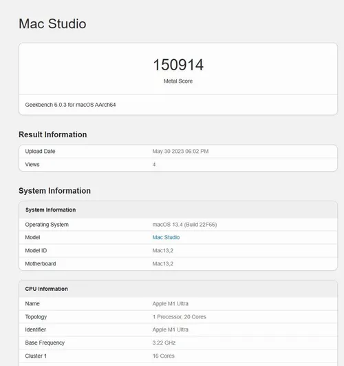 apple m1 ultra geekbench 6 metal score