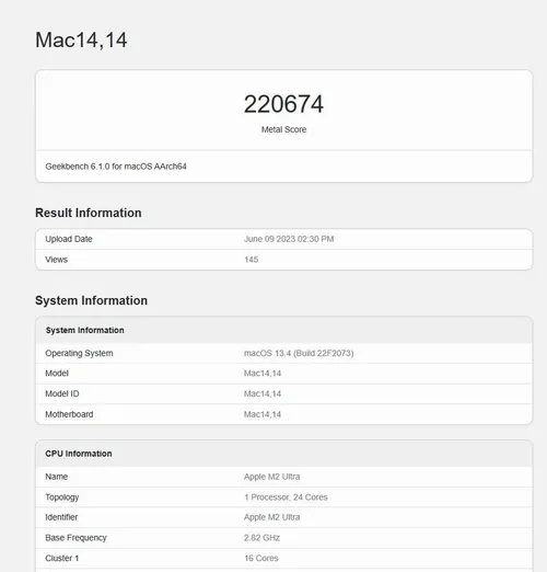 apple m2 ultra geekbench metal score
