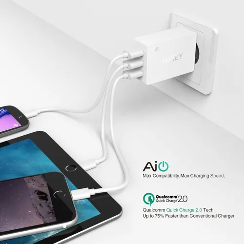 aukey usb turbo charger cargador fast 20 42w qualcomm carga rapid 2 puerto aipower 5v 48a 1 puerto quick charge 20 12v 15a 9v 2a 5v 2a incluye un 20awg 33ft micro usb cable blanco