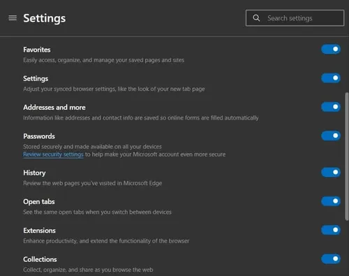 edge history and tab sync
