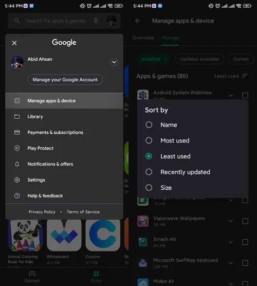 free up storage from google play store