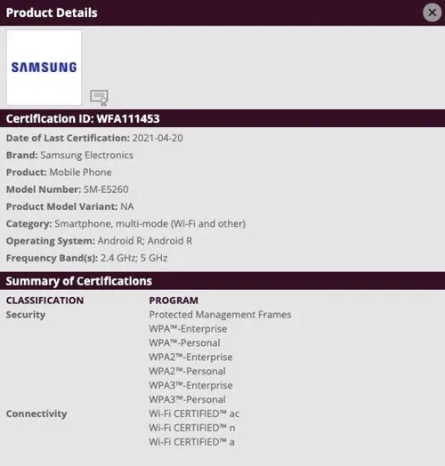 galaxy f52 5g wifi certification