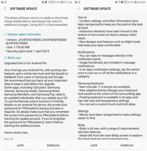 galaxy j6 plus android pie update