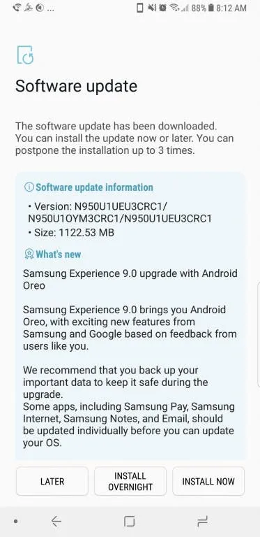 galaxy note8 oreo update
