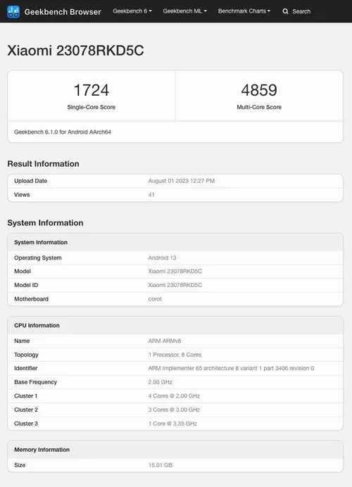 geekbench benchmark of redmi k60 ultra