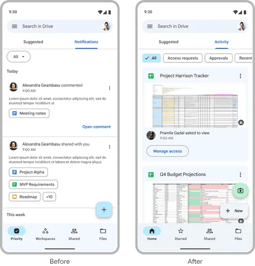 google drive activity view homepge update