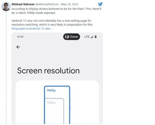 google pixel 7 pro display 1440p or 1080p 1