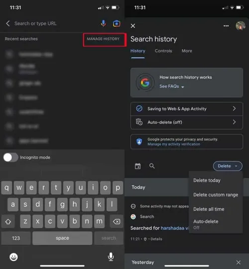 google search history how to clea