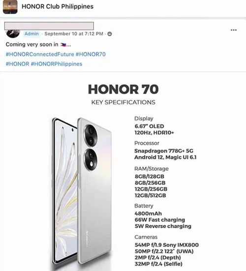 honor 70 specs