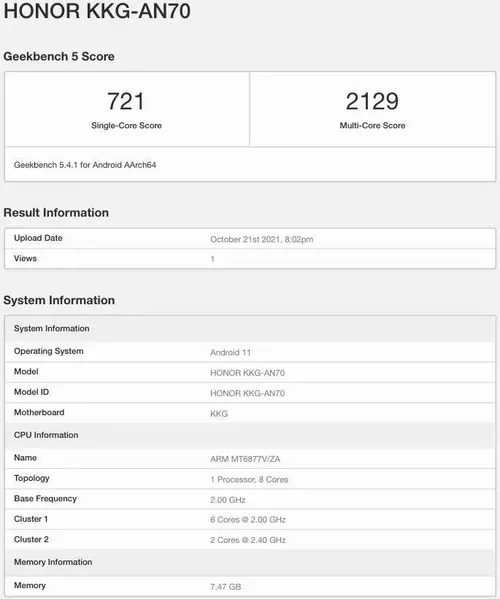 honor x30 max geekbench listing