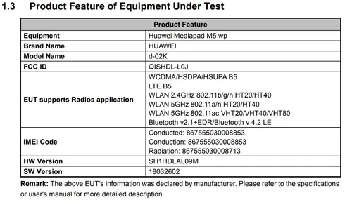 huawei mediapad m5 wp fcc