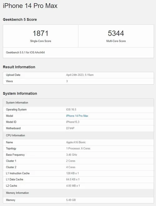 iphone 14 pro max geekbench 5