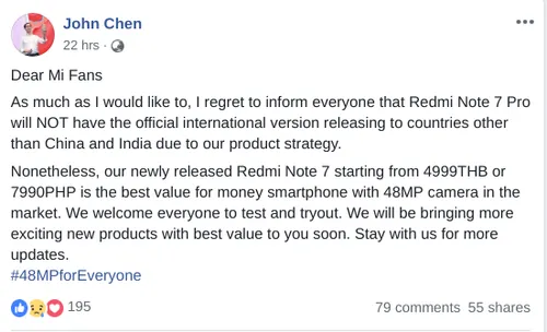 john chen redmi note 7 pro comment